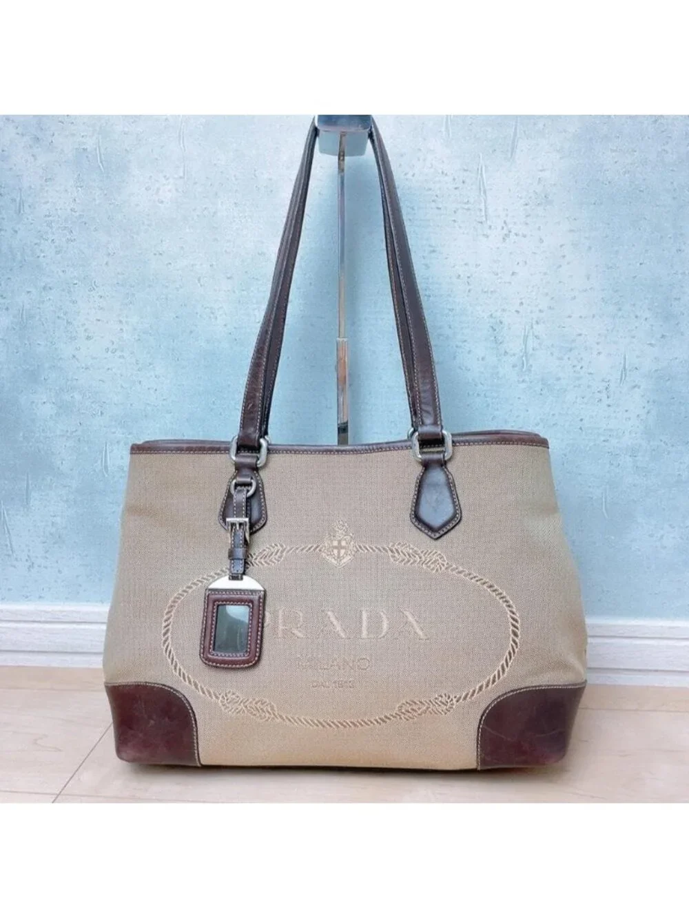 Prada Jacquard Canvas Tote Logo Brown